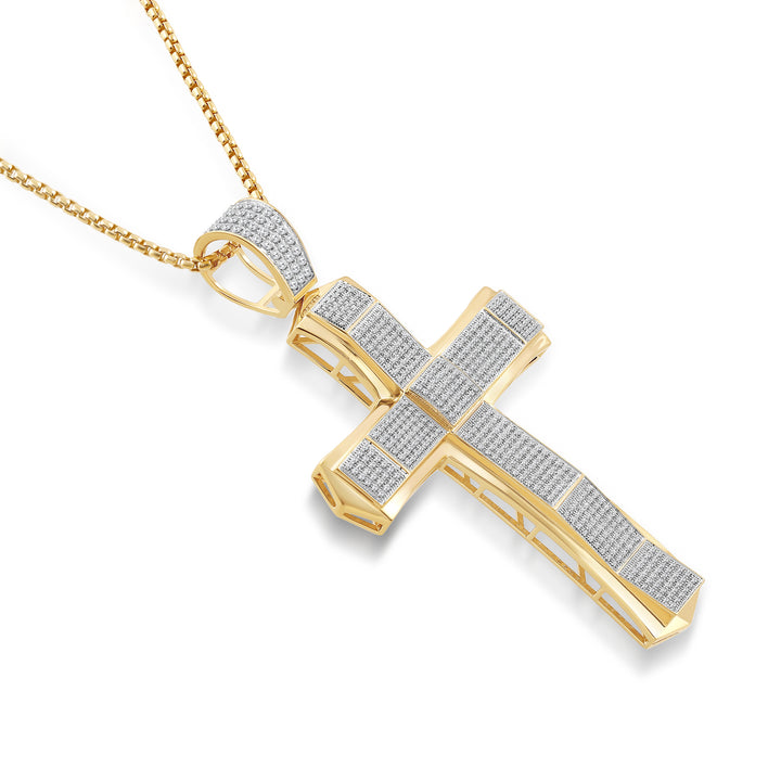 ANGLED MICROPAVE CROSS DRIPZ NECKLACE  with Cubic Zirconia Stones and 14K Yellow Gold over Sterling Silver