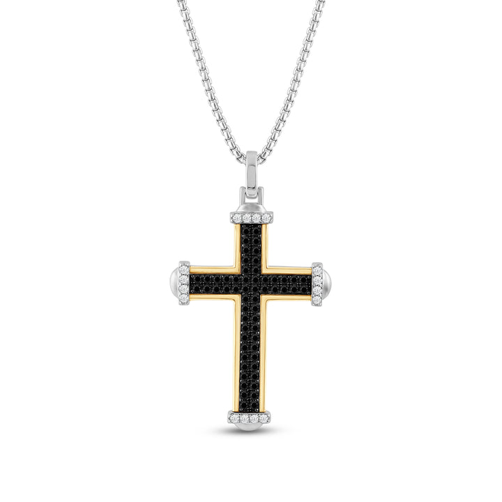 DOMED ENDS CROSS MEN'S DRIPZ NECKLACE with Black Zirconia and White Cubic Zirconia Stones and 14K Yellow Gold over Sterling Silver