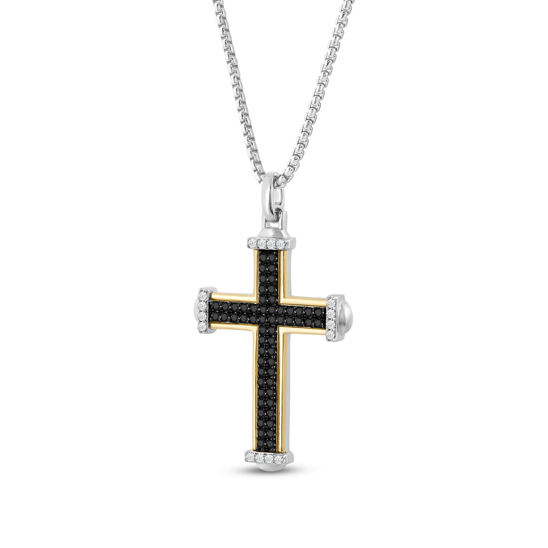 DOMED ENDS CROSS MEN'S DRIPZ NECKLACE with Black Zirconia and White Cubic Zirconia Stones and 14K Yellow Gold over Sterling Silver