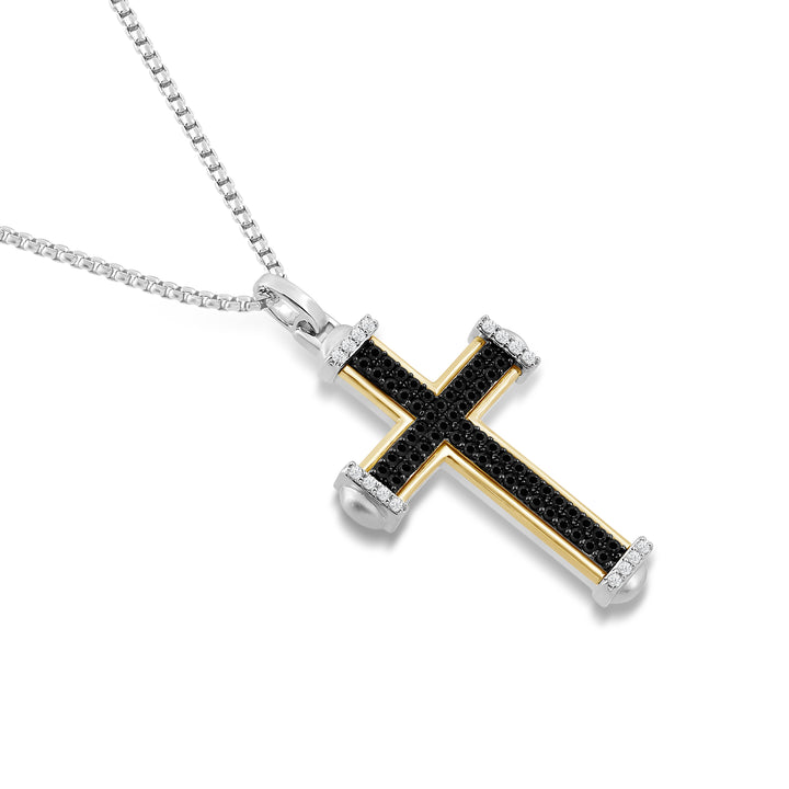 DOMED ENDS CROSS MEN'S DRIPZ NECKLACE with Black Zirconia and White Cubic Zirconia Stones and 14K Yellow Gold over Sterling Silver