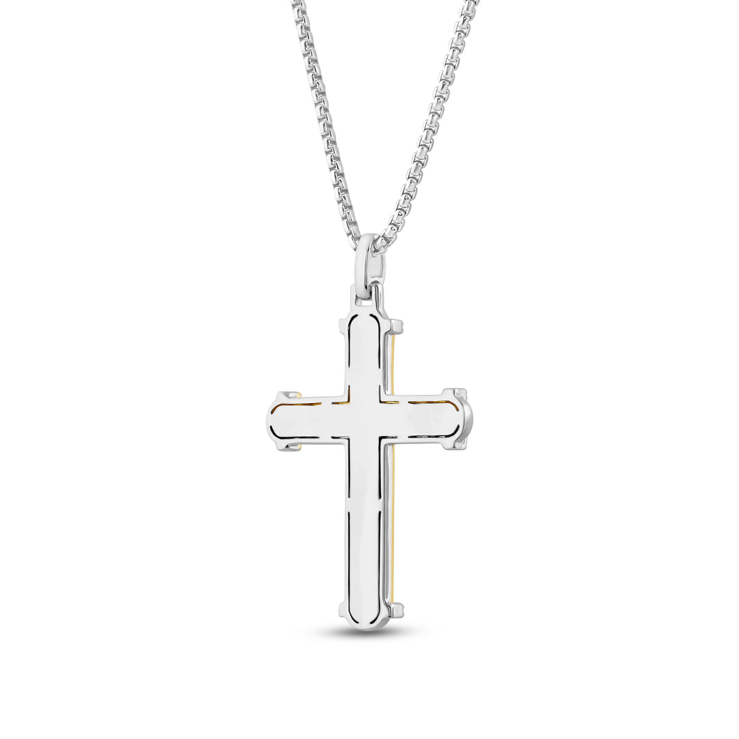 DOMED ENDS CROSS MEN'S DRIPZ NECKLACE with Black Zirconia and White Cubic Zirconia Stones and 14K Yellow Gold over Sterling Silver