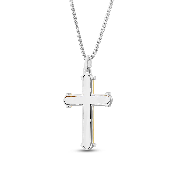 DOMED ENDS CROSS MEN'S DRIPZ NECKLACE with Black Zirconia and White Cubic Zirconia Stones and 14K Yellow Gold over Sterling Silver