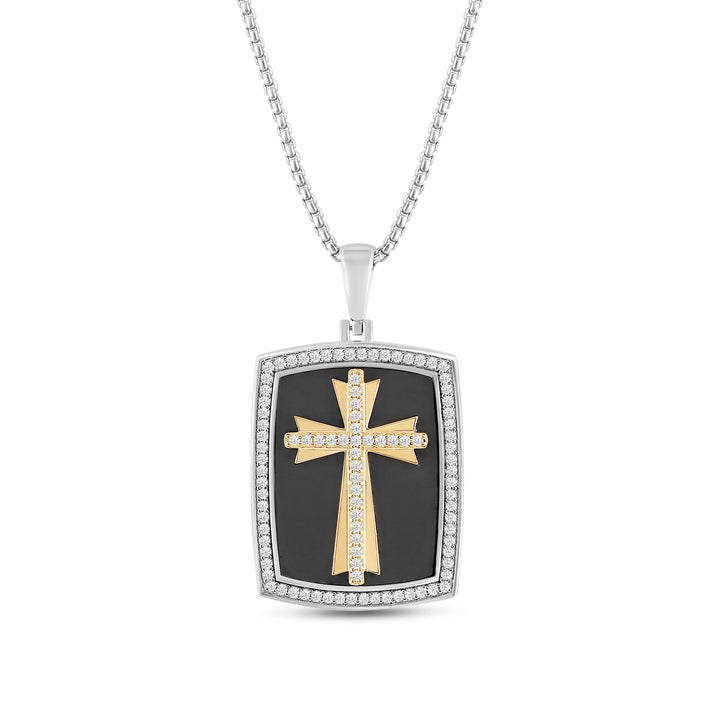 DIAMOND FRAMED BLACK ONYX CROSS MEN'S DRIPZ DOGTAG NECKLACE 
with Cubic Zirconia Stones and 14K Yellow Gold over Sterling Silver and Large Black Onyx