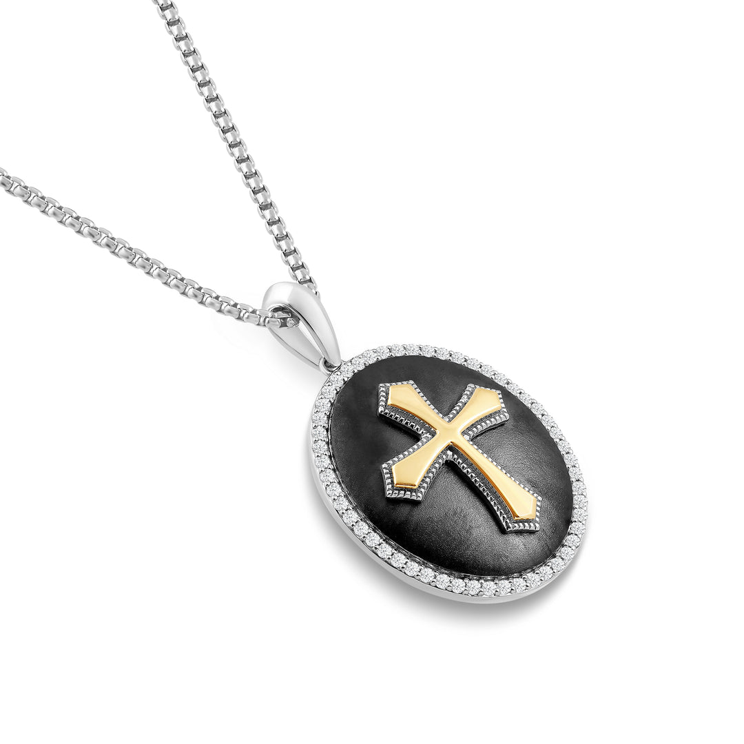 OVAL BLACK ONYX CROSS MEN'S DRIPZ DOGTAG NECKLACE 
with Cubic Zirconia Stones and 14K Yellow Gold over Sterling Silver and Large Black Onyx