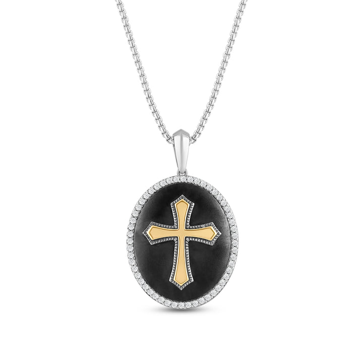 OVAL BLACK ONYX CROSS MEN'S DRIPZ DOGTAG NECKLACE 
with Cubic Zirconia Stones and 14K Yellow Gold over Sterling Silver and Large Black Onyx