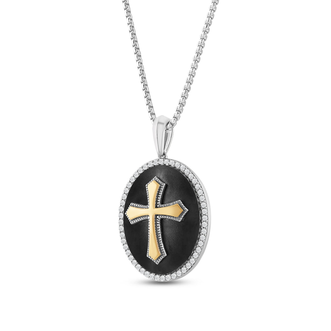 OVAL BLACK ONYX CROSS MEN'S DRIPZ DOGTAG NECKLACE 
with Cubic Zirconia Stones and 14K Yellow Gold over Sterling Silver and Large Black Onyx