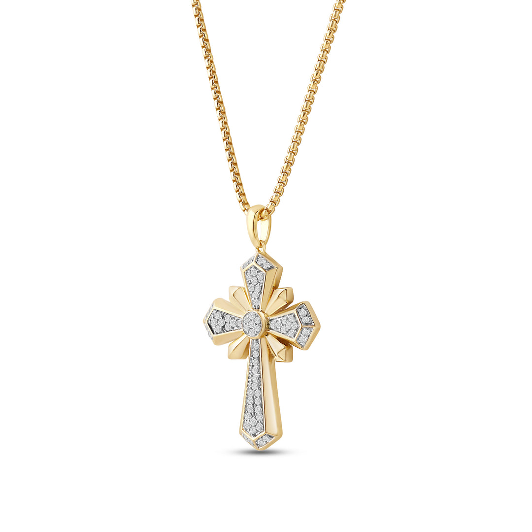 FOUR SPARKS CROSS MEN'S DRIPZ NECKLACE  with Cubic Zirconia Stones and 14K Yellow Gold over Sterling Silver