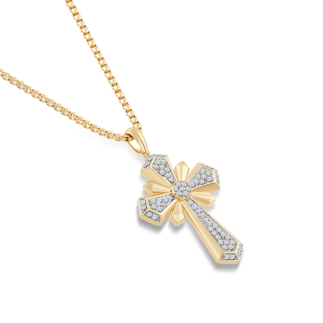 FOUR SPARKS CROSS MEN'S DRIPZ NECKLACE  with Cubic Zirconia Stones and 14K Yellow Gold over Sterling Silver