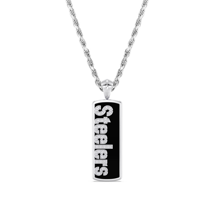 NFL PITTSBURGH STEELERS UNISEX ONYX PENDANT
 with 1/10 CTTW Diamonds and Sterling Silver