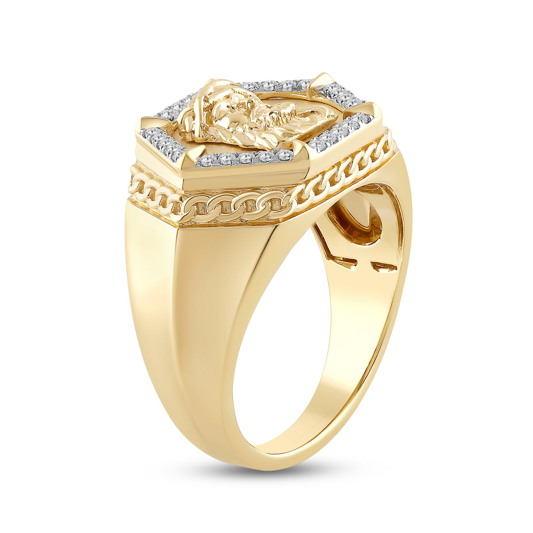 HEXAGON JESUS UNISEX DRIPZ RING with Cubic Zirconia Stones and 14K Yellow Gold over Sterling Silver