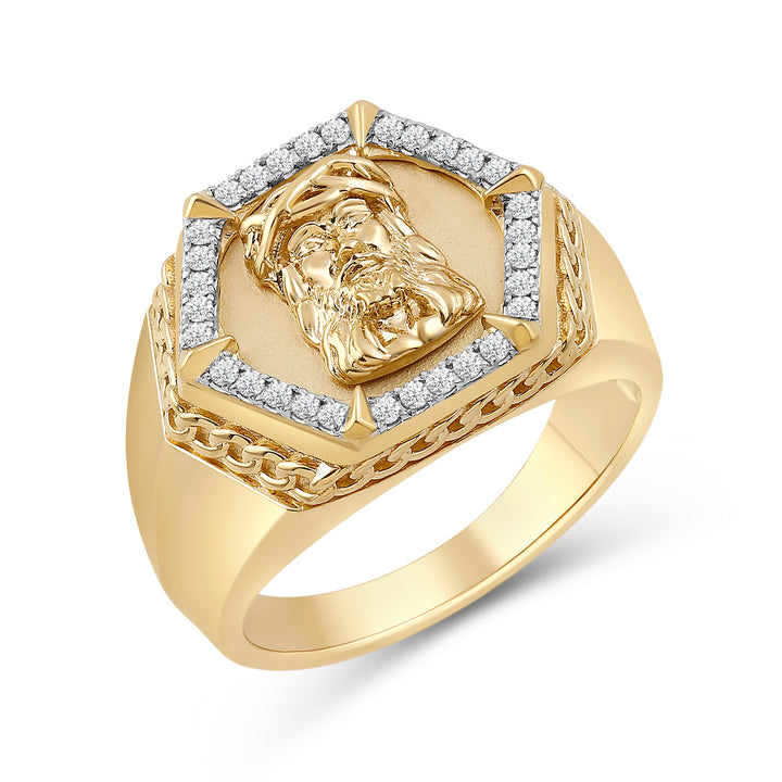 HEXAGON JESUS UNISEX DRIPZ RING with Cubic Zirconia Stones and 14K Yellow Gold over Sterling Silver