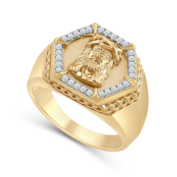 HEXAGON JESUS UNISEX DRIPZ RING with Cubic Zirconia Stones and 14K Yellow Gold over Sterling Silver