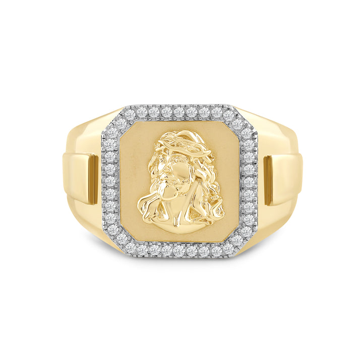 SQUARE EMERALD SHAPE JESUS MEN'S DRIPZ RING
with Cubic Zirconia Stones and 14K Yellow Gold over Sterling Silver