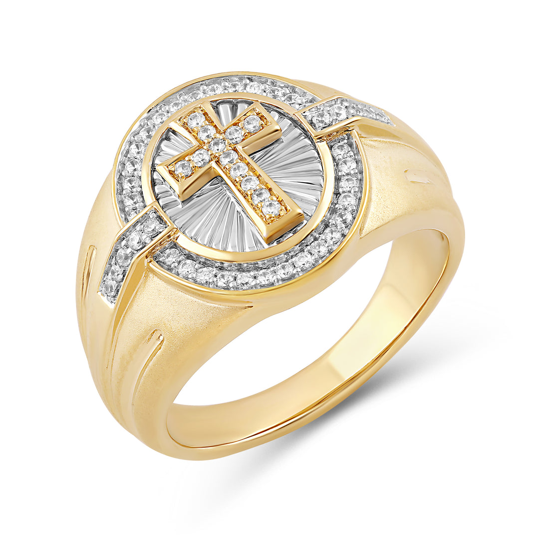 SUNRAYS CROSS OVAL UNISEX DRIPZ RING with Cubic Zirconia Stones and 14K Yellow Gold over Sterling Silver