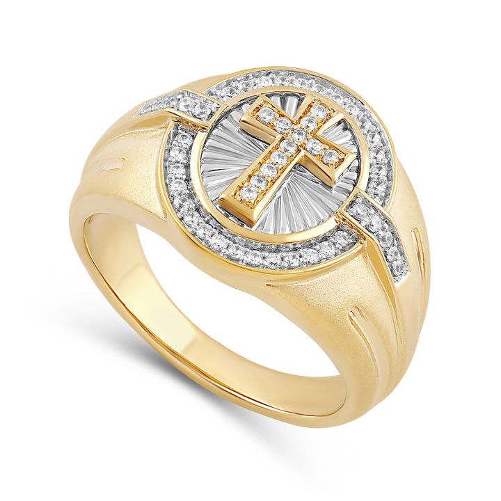 SUNRAYS CROSS OVAL UNISEX DRIPZ RING with Cubic Zirconia Stones and 14K Yellow Gold over Sterling Silver