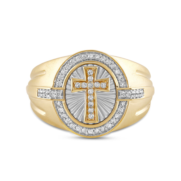 SUNRAYS CROSS OVAL UNISEX DRIPZ RING with Cubic Zirconia Stones and 14K Yellow Gold over Sterling Silver