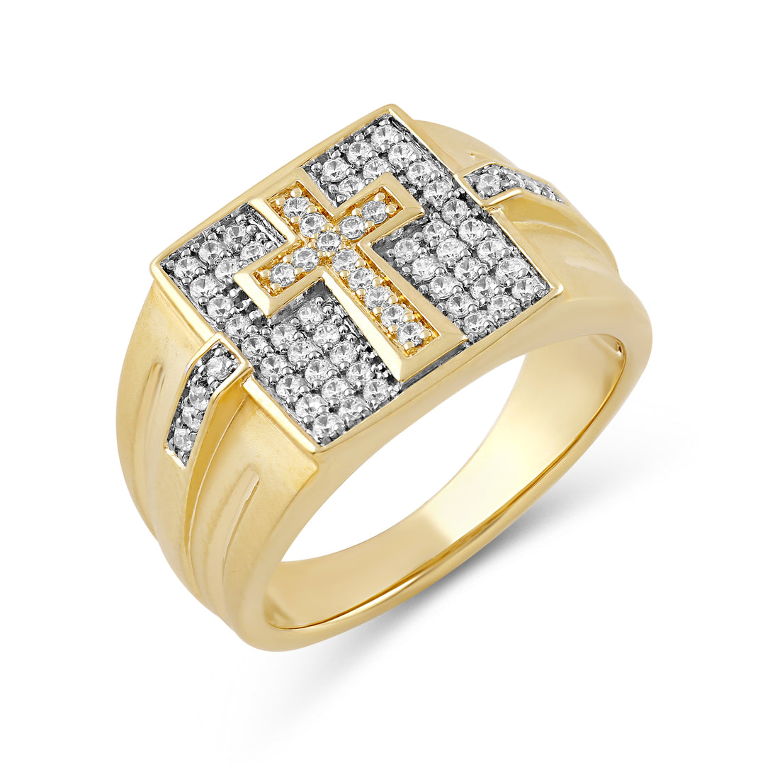 SQUARE CROSS MEN'S DRIPZ RING
with Cubic Zirconia Stones and 14K Yellow Gold over Sterling Silver