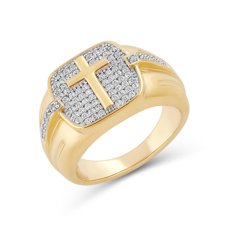 CUSHION SHAPED PLAIN CROSS MEN'S DRIPZ RING
with Cubic Zirconia Stones and 14K Yellow Gold over Sterling Silver