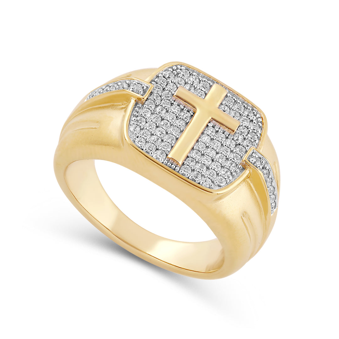 CUSHION SHAPED PLAIN CROSS MEN'S DRIPZ RING
with Cubic Zirconia Stones and 14K Yellow Gold over Sterling Silver