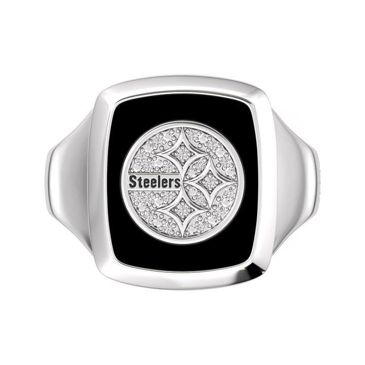 NFL PITTSBURGH STEELERS MEN'S ONYX RING 
with 1/20 CTTW Diamonds and Sterling Silver