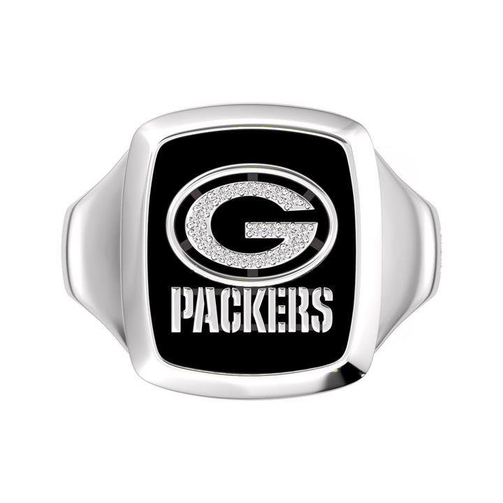 NFL GREEN BAY PACKERS MEN'S ONYX RING 
with 1/20 CTTW Diamonds and Sterling Silver