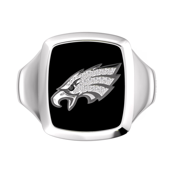 NFL PHILADELPHIA EAGLES MEN'S ONYX RING 
with 1/20 CTTW Diamonds and Sterling Silver