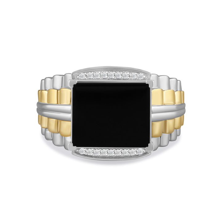 SQUARE ONYX RADIATING SHANK MEN'S DRIPZ RING
with Cubic Zirconia Stones and 14K Yellow Gold over Sterling Silver and Black Onyx Stone