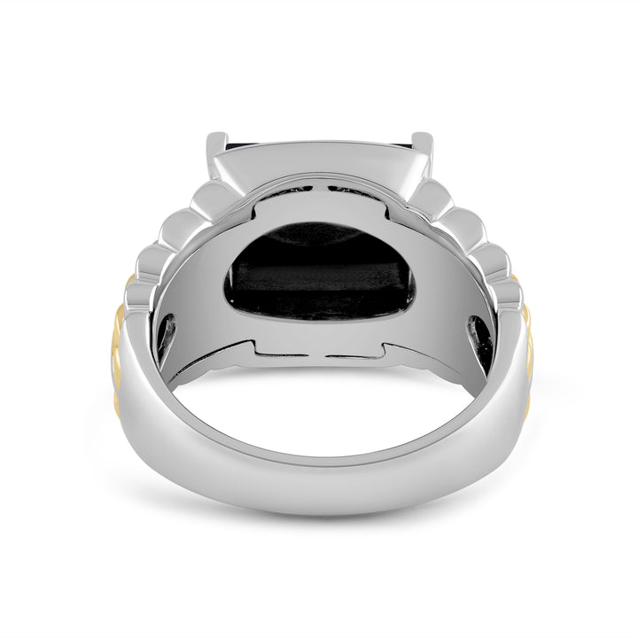 SQUARE ONYX RADIATING SHANK MEN'S DRIPZ RING
with Cubic Zirconia Stones and 14K Yellow Gold over Sterling Silver and Black Onyx Stone