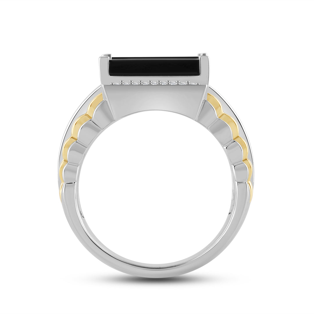 SQUARE ONYX RADIATING SHANK MEN'S DRIPZ RING
with Cubic Zirconia Stones and 14K Yellow Gold over Sterling Silver and Black Onyx Stone