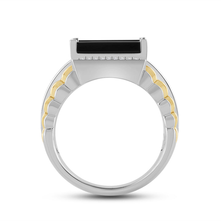 SQUARE ONYX RADIATING SHANK MEN'S DRIPZ RING
with Cubic Zirconia Stones and 14K Yellow Gold over Sterling Silver and Black Onyx Stone