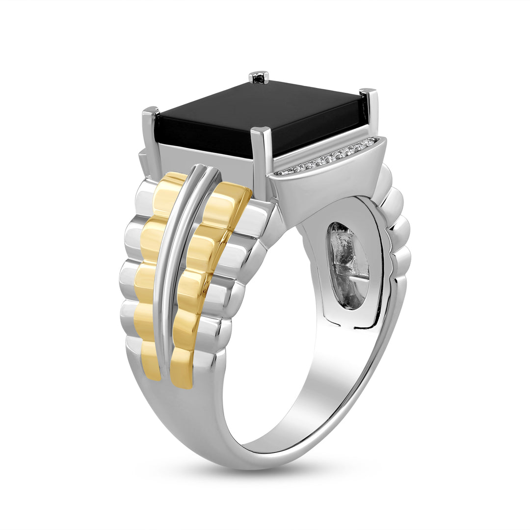 SQUARE ONYX RADIATING SHANK MEN'S DRIPZ RING
with Cubic Zirconia Stones and 14K Yellow Gold over Sterling Silver and Black Onyx Stone