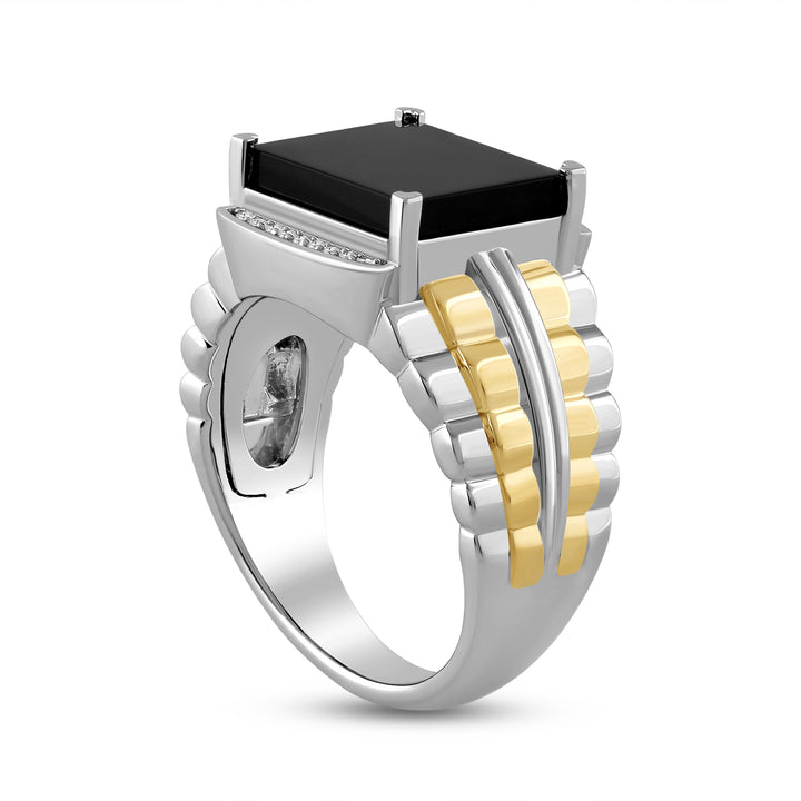 SQUARE ONYX RADIATING SHANK MEN'S DRIPZ RING
with Cubic Zirconia Stones and 14K Yellow Gold over Sterling Silver and Black Onyx Stone