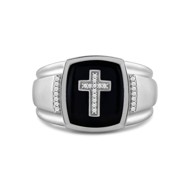 BLACK ONYX CROSS MEN'S DRIPZ RING
with Cubic Zirconia Stones and Sterling Silver and Black Onyx Stone