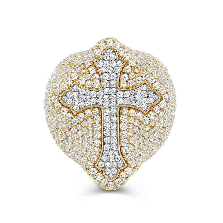 BIG MICROPAVE CROSS UNISEX DRIPZ RING with Cubic Zirconia Stones and 14K Yellow Gold and Sterling Silver