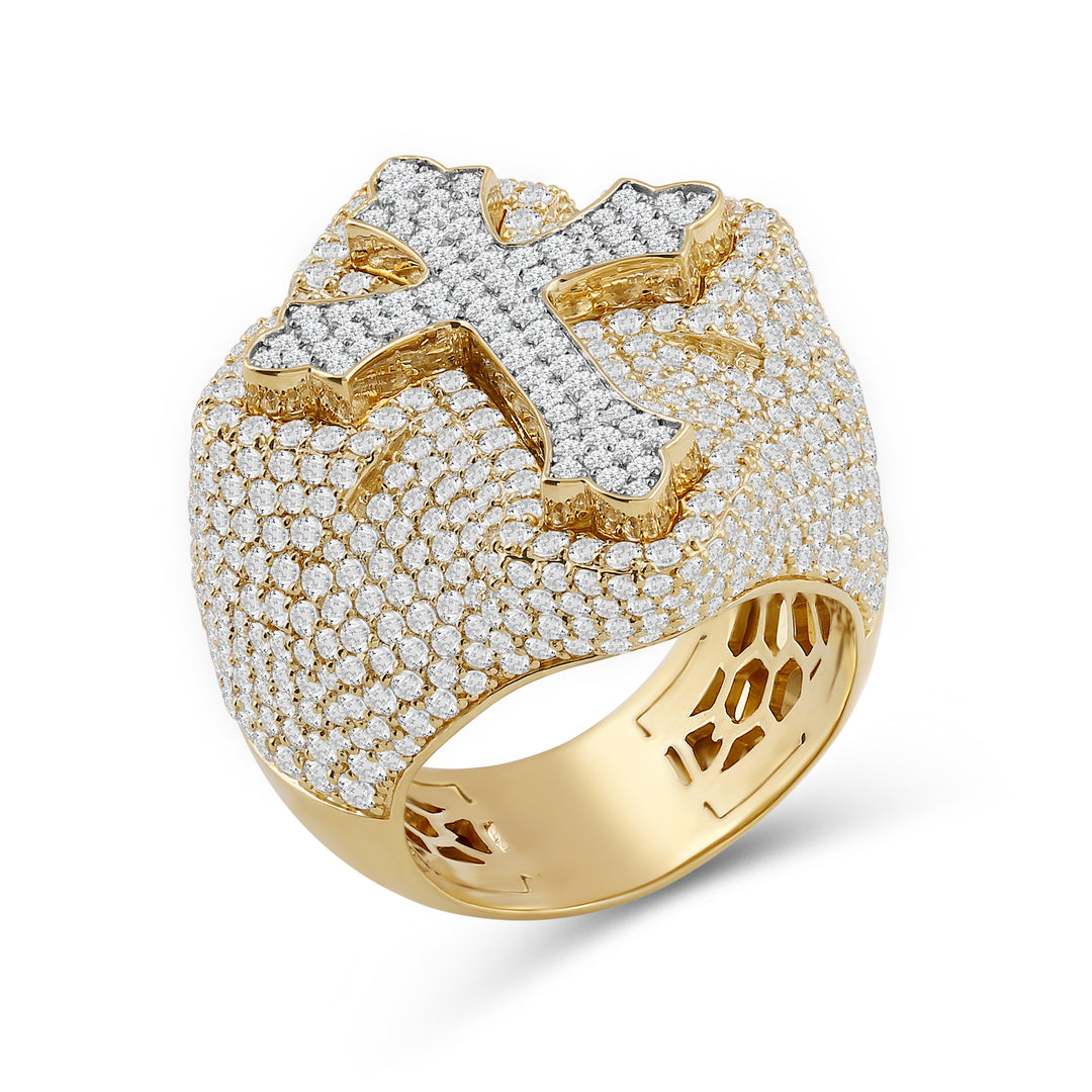 BIG MICROPAVE CROSS UNISEX DRIPZ RING with Cubic Zirconia Stones and 14K Yellow Gold and Sterling Silver