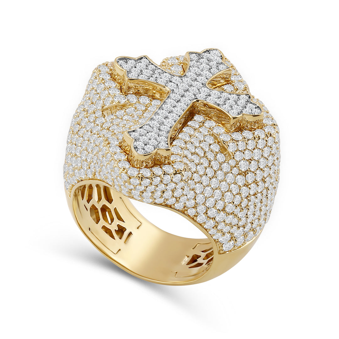 BIG MICROPAVE CROSS UNISEX DRIPZ RING with Cubic Zirconia Stones and 14K Yellow Gold and Sterling Silver