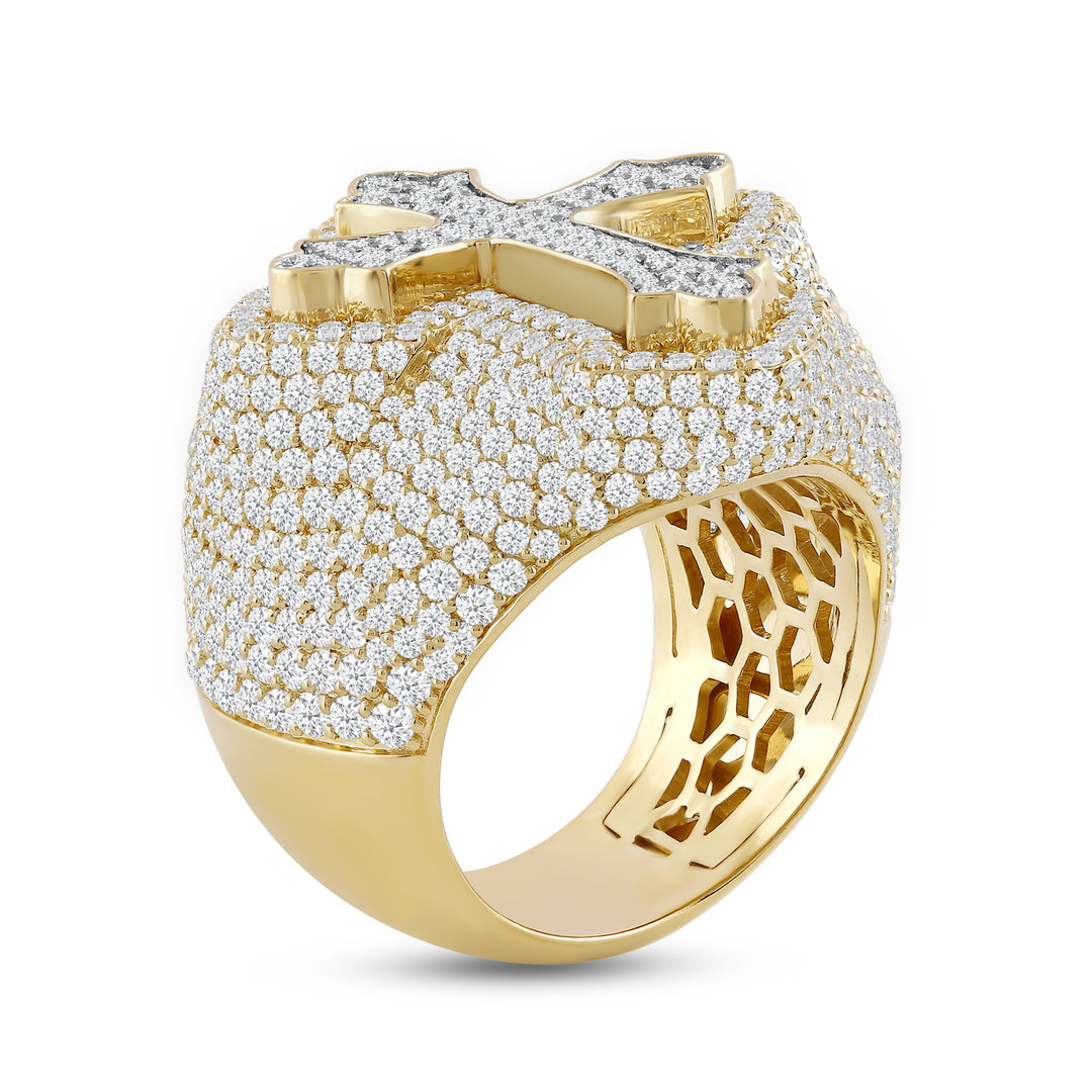 BIG MICROPAVE CROSS UNISEX DRIPZ RING with Cubic Zirconia Stones and 14K Yellow Gold and Sterling Silver