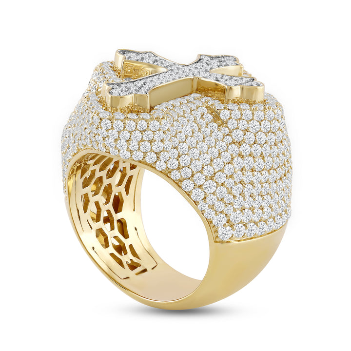 BIG MICROPAVE CROSS UNISEX DRIPZ RING with Cubic Zirconia Stones and 14K Yellow Gold and Sterling Silver