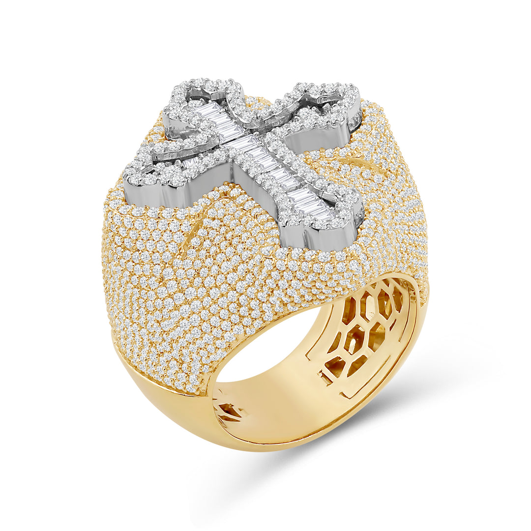 BIG MICROPAVE BAGUETTE CROSS MEN'S DRIPZ RING
with Cubic Zirconia Stones and 14K Yellow Gold and Sterling Silver