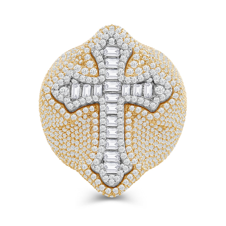 BIG MICROPAVE BAGUETTE CROSS MEN'S DRIPZ RING
with Cubic Zirconia Stones and 14K Yellow Gold and Sterling Silver