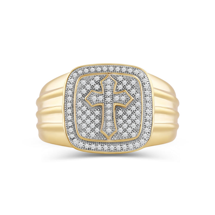 CUSHION CROSS UNISEX DRIPZ RING with Cubic Zirconia Stones and 14K Yellow Gold over Sterling Silver