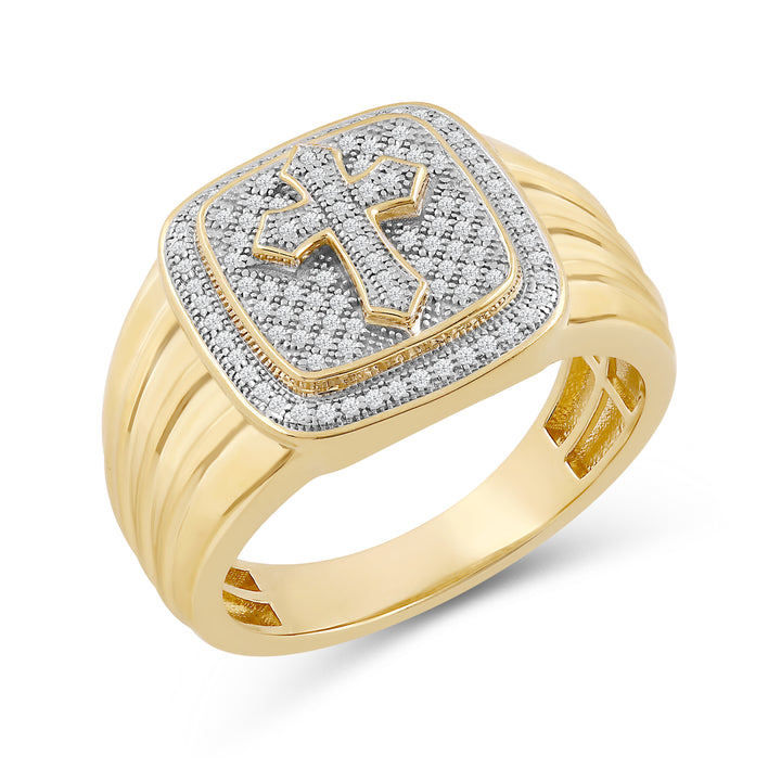 CUSHION CROSS UNISEX DRIPZ RING with Cubic Zirconia Stones and 14K Yellow Gold over Sterling Silver