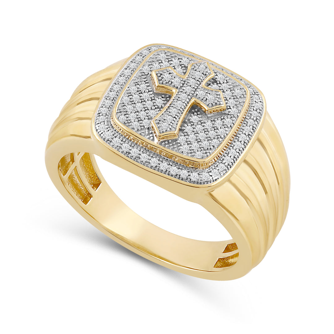 CUSHION CROSS UNISEX DRIPZ RING with Cubic Zirconia Stones and 14K Yellow Gold over Sterling Silver