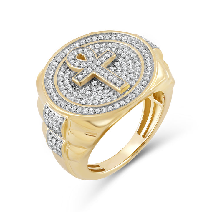 ROUND ANKH UNISEX DRIPZ RING with Cubic Zirconia Stones and 14K Yellow Gold over Sterling Silver