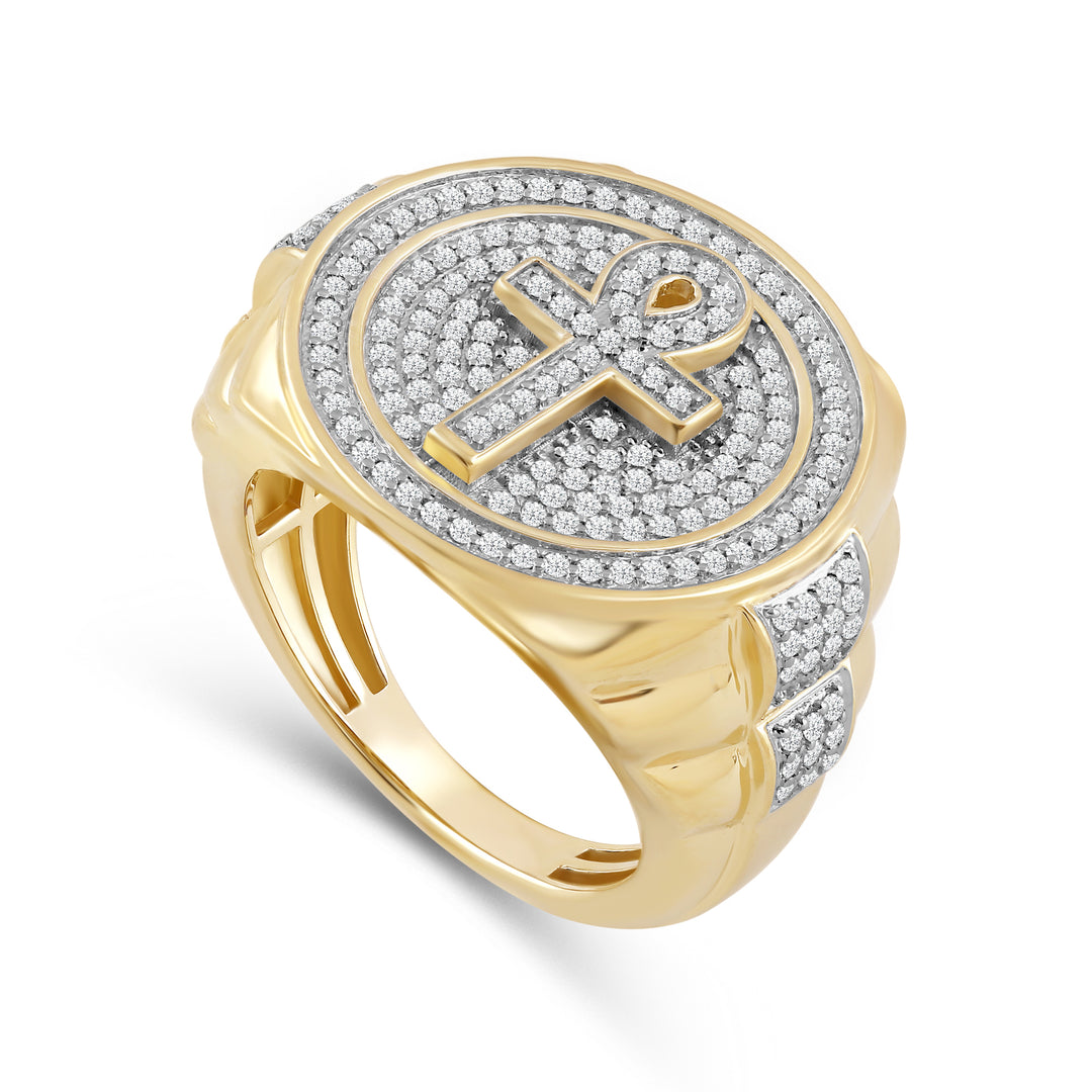 ROUND ANKH UNISEX DRIPZ RING with Cubic Zirconia Stones and 14K Yellow Gold over Sterling Silver