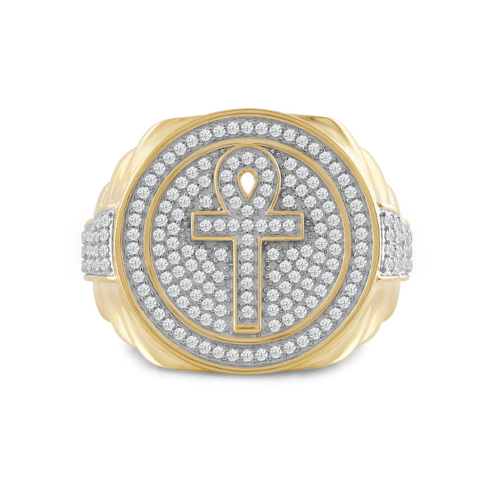 ROUND ANKH UNISEX DRIPZ RING with Cubic Zirconia Stones and 14K Yellow Gold over Sterling Silver