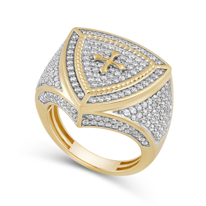 TRIANGLE CROSS UNISEX DRIPZ RING with Cubic Zirconia Stones and 14K Yellow Gold over Sterling Silver