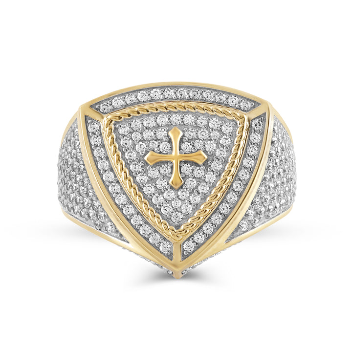 TRIANGLE CROSS UNISEX DRIPZ RING with Cubic Zirconia Stones and 14K Yellow Gold over Sterling Silver