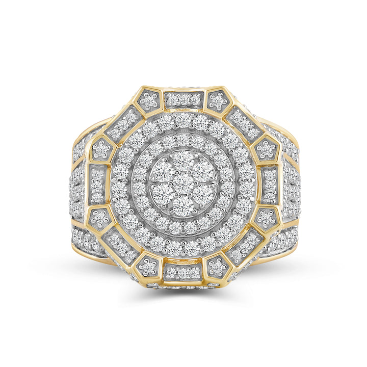 ROUND LAYERED HALO UNISEX DRIPZ RING with Cubic Zirconia Stones and 14K Yellow Gold over Sterling Silver