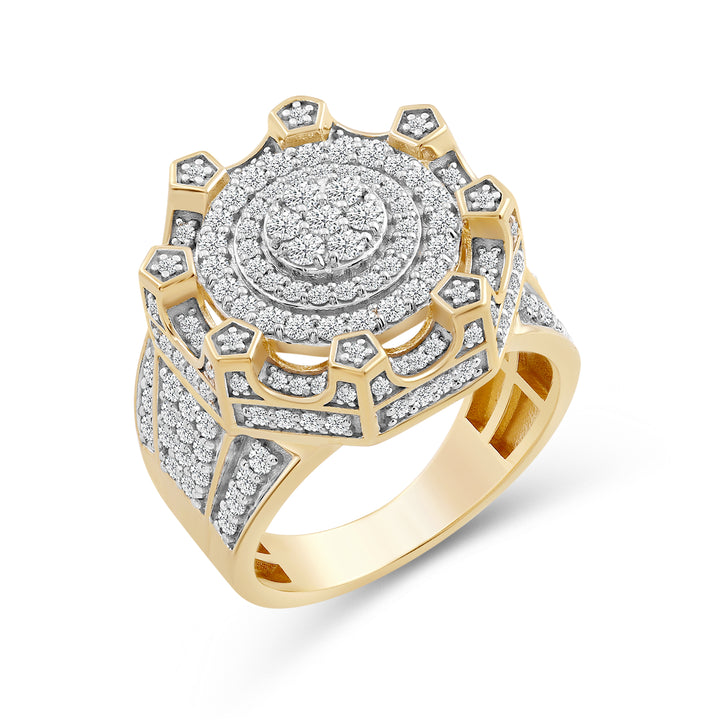 ROUND LAYERED HALO UNISEX DRIPZ RING with Cubic Zirconia Stones and 14K Yellow Gold over Sterling Silver